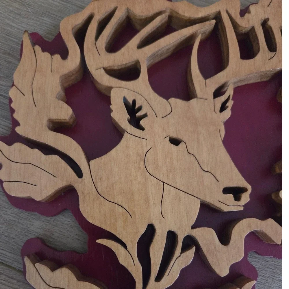 Handcrafted Wooden‎ Deer Wall Art Rustic Home Decor Signed Oak Y2K